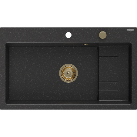Mexen Omar Granitspüle 1-Kammer 800 x 480 mm, schwarz/silber metallic, goldener Siphon - 6520801005-73-G