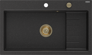 Mexen Omar Granitspüle 1-Kammer 800 x 480 mm, schwarz/silber metallic, goldener Siphon - 6520801005-73-G