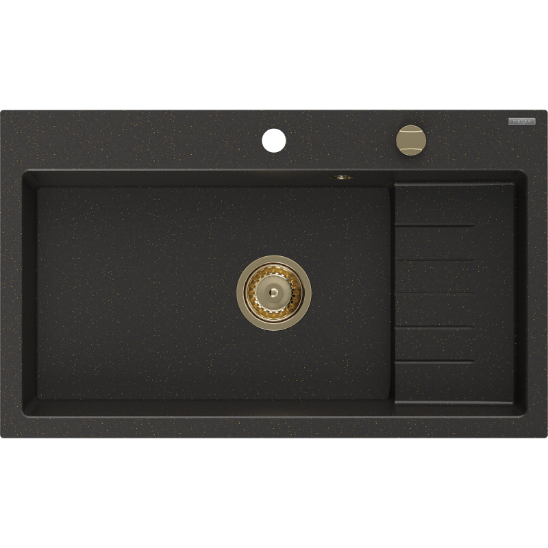 Mexen Omar Granitspüle 1-beckig 800 x 480 mm, schwarz/gold metallisch, goldener Siphon - 6520801005-75-G