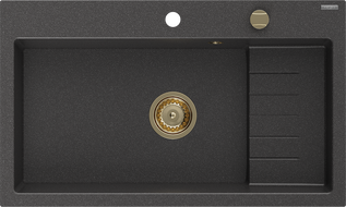 Mexen Omar Granitspüle 1-Becken 800 x 480 mm, schwarz gesprenkelt, goldener Siphon - 6520801005-76-G