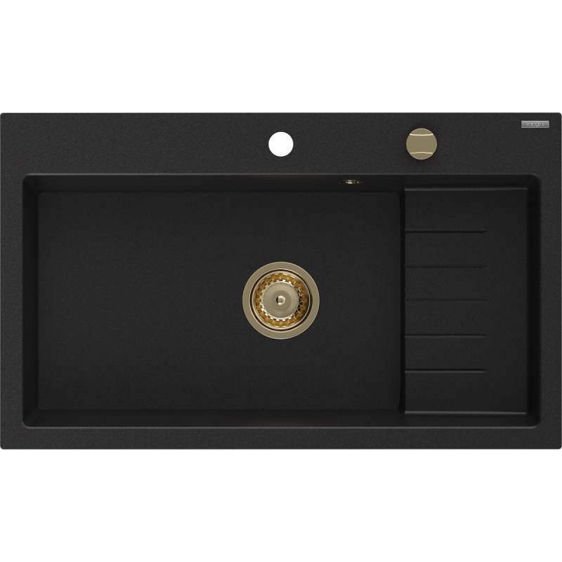 Mexen Omar Granitspüle, 1-beckig, 800 x 480 mm, schwarz, Siphon gold - 6520801005-77-G
