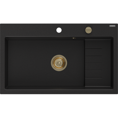 Mexen Omar Granitspüle, 1-beckig, 800 x 480 mm, schwarz, Siphon gold - 6520801005-77-G