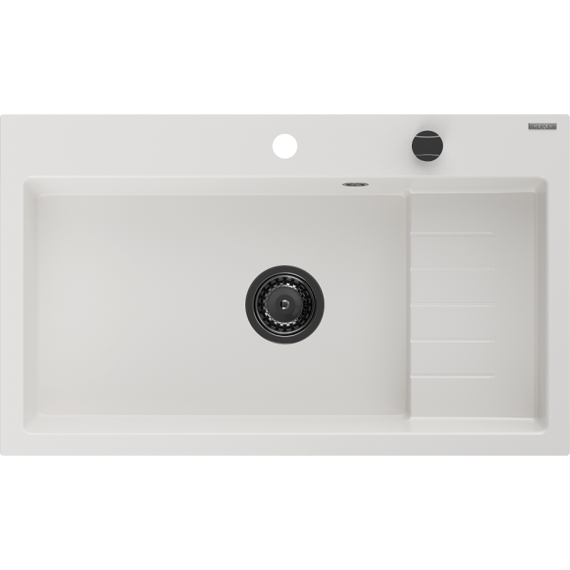 Mexen Omar Granitspüle 1-Becken 800 x 480 mm, weiß, schwarzer Siphon - 6520801005-20-B