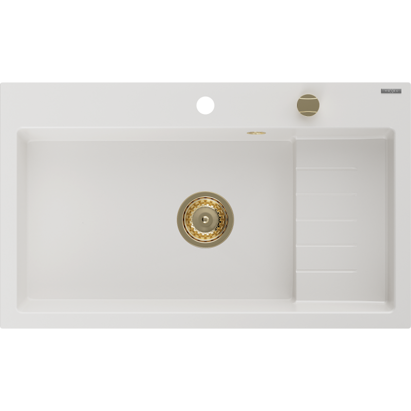 Mexen Omar Granitspüle 1-Becken 800 x 480 mm, weiß, Siphon gold - 6520801005-20-G