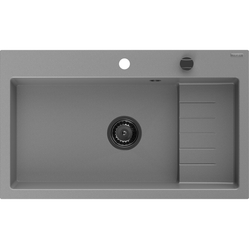 Mexen Omar Granitspüle, 1-Becken, 800 x 480 mm, grau, schwarzer Siphon - 6520801005-71-B