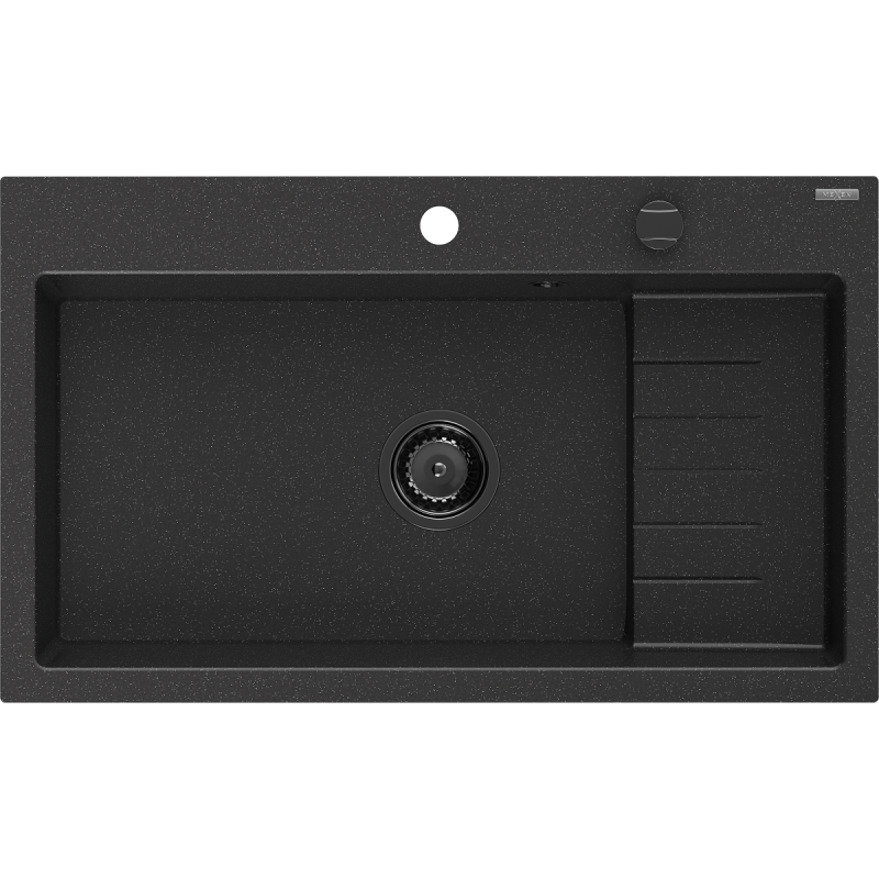 Mexen Omar Granitspüle 1-becken 800 x 480 mm, schwarz/silber metallic, schwarzer Siphon - 6520801005-73-B