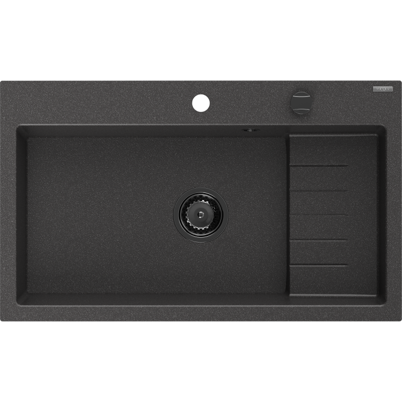 Mexen Omar Granitspüle 1-beckig 800 x 480 mm, schwarz gesprenkelt, schwarzer Siphon - 6520801005-76-B