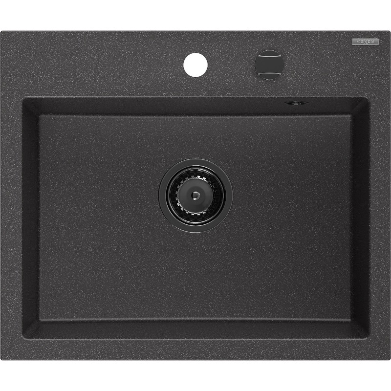 Mexen Oscar Granitspüle 1-beckig 580 x 490 mm, schwarz gesprenkelt, schwarzer Siphon - 6519581000-76-B