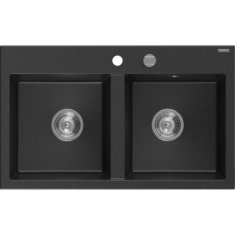 Mexen Hektor Granitspüle 2-Becken 800 x 480 mm, schwarz/silber metallic, Chrom-Siphon - 6521802000-73
