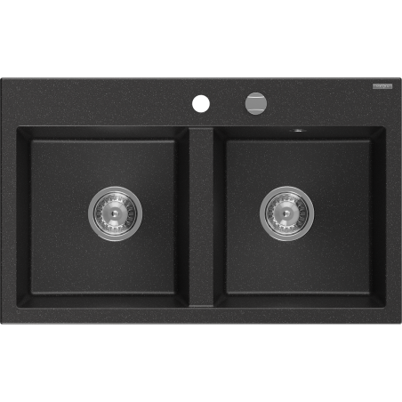 Mexen Hektor Granitspüle 2-Becken 800 x 480 mm, schwarz/silber metallic, Chrom-Siphon - 6521802000-73