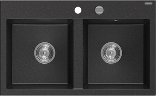 Mexen Hektor Granitspüle 2-Becken 800 x 480 mm, schwarz/silber metallic, Chrom-Siphon - 6521802000-73