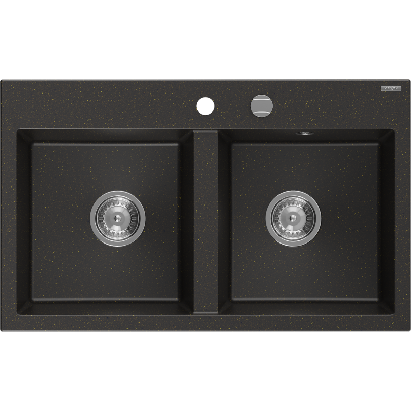 Mexen Hektor Granitspüle 2-Kammer 800 x 480 mm, schwarz/goldmetallisch, Siphon chrom - 6521802000-75