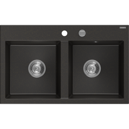 Mexen Hektor Granitspüle 2-Kammer 800 x 480 mm, schwarz/goldmetallisch, Siphon chrom - 6521802000-75