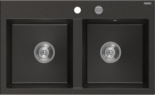 Mexen Hektor Granitspüle 2-Kammer 800 x 480 mm, schwarz/goldmetallisch, Siphon chrom - 6521802000-75