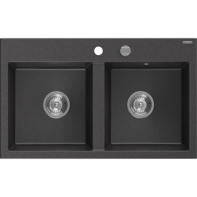 Mexen Hektor Granitspüle 2-becken 800 x 480 mm, schwarz gesprenkelt, Chrom-Siphon - 6521802000-76