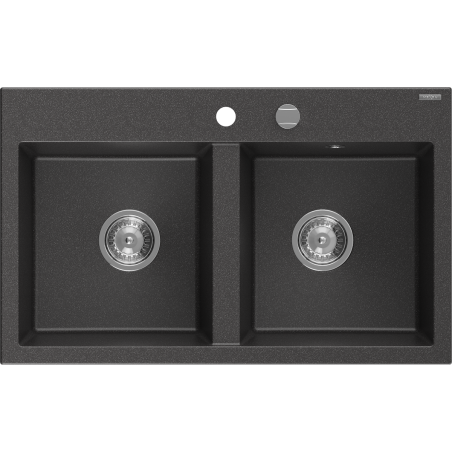 Mexen Hektor Granitspüle 2-becken 800 x 480 mm, schwarz gesprenkelt, Chrom-Siphon - 6521802000-76