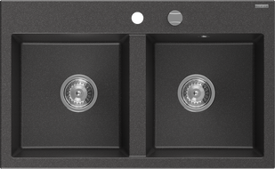 Mexen Hektor Granitspüle 2-becken 800 x 480 mm, schwarz gesprenkelt, Chrom-Siphon - 6521802000-76