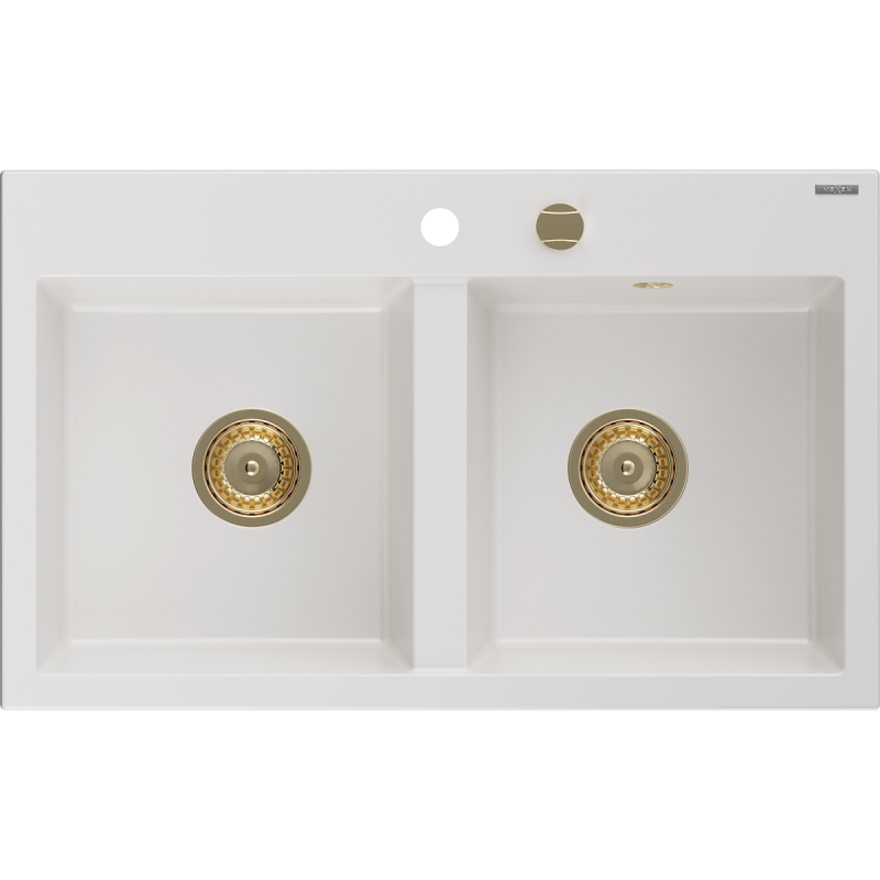 Mexen Hektor Granitspüle 2-beckig 800 x 480 mm, weiß, Siphon Gold - 6521802000-20-G
