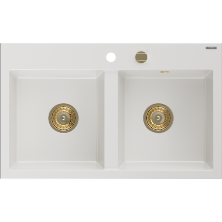 Mexen Hektor Granitspüle 2-beckig 800 x 480 mm, weiß, Siphon Gold - 6521802000-20-G