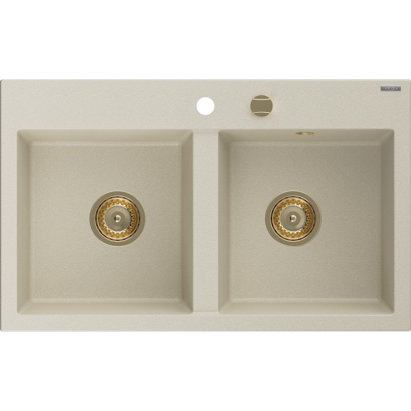 Mexen Hektor Granitspüle 2-Becken 800 x 480 mm, beige, Siphon gold - 6521802000-69-G