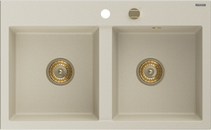 Mexen Hektor Granitspüle 2-Becken 800 x 480 mm, beige, Siphon gold - 6521802000-69-G