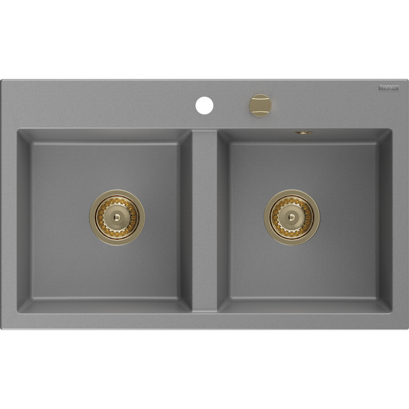 Mexen Hektor Granitspüle 2-Kammer 800 x 480 mm, grau, goldener Siphon - 6521802000-71-G