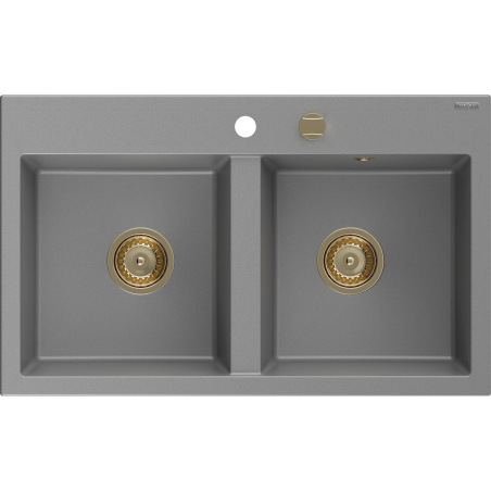 Mexen Hektor Granitspüle 2-Kammer 800 x 480 mm, grau, goldener Siphon - 6521802000-71-G