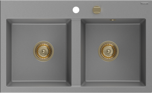 Mexen Hektor Granitspüle 2-Kammer 800 x 480 mm, grau, goldener Siphon - 6521802000-71-G