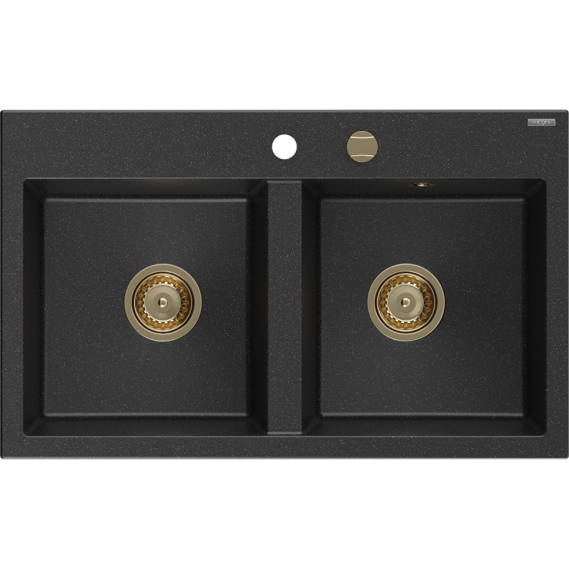 Mexen Hektor Granitspüle 2-Kammer 800 x 480 mm, Schwarz/Silber Metallic, Ablauf Gold - 6521802000-73-G