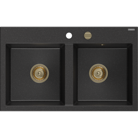 Mexen Hektor Granitspüle 2-Kammer 800 x 480 mm, Schwarz/Silber Metallic, Ablauf Gold - 6521802000-73-G