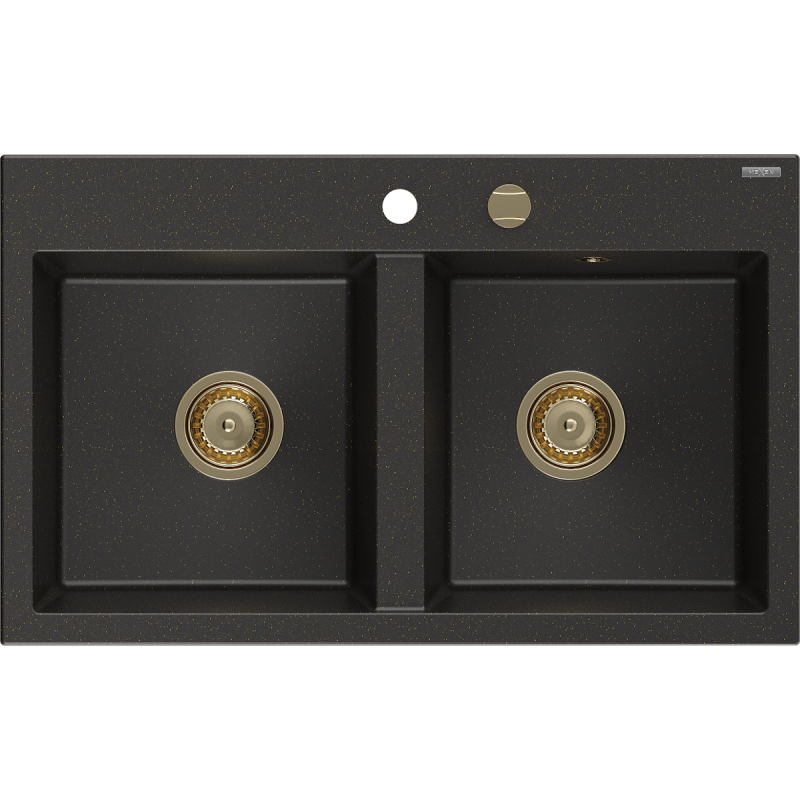 Mexen Hektor Granitspüle 2-Kammer 800 x 480 mm, Schwarz/Gold Metallic, Goldener Siphon - 6521802000-75-G
