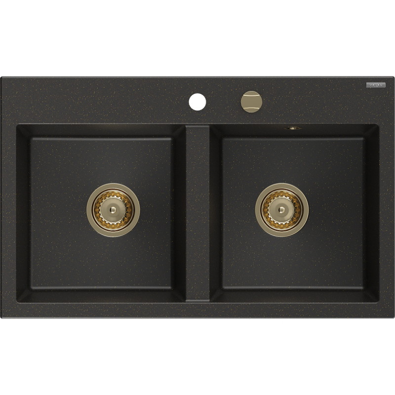 Mexen Hektor Granitspüle 2-kammerig 800 x 480 mm, schwarz/gold metallic, Siphon gold - 6521802000-75-G
