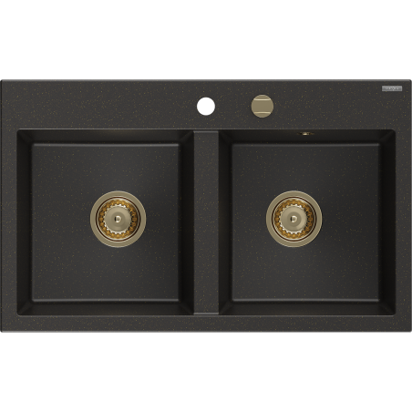 Mexen Hektor Granitspüle 2-Kammer 800 x 480 mm, Schwarz/Gold Metallic, Goldener Siphon - 6521802000-75-G