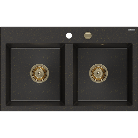 Mexen Hektor Granitspüle 2-kammerig 800 x 480 mm, schwarz/gold metallic, Siphon gold - 6521802000-75-G
