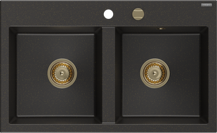 Mexen Hektor Granitspüle 2-Kammer 800 x 480 mm, Schwarz/Gold Metallic, Goldener Siphon - 6521802000-75-G