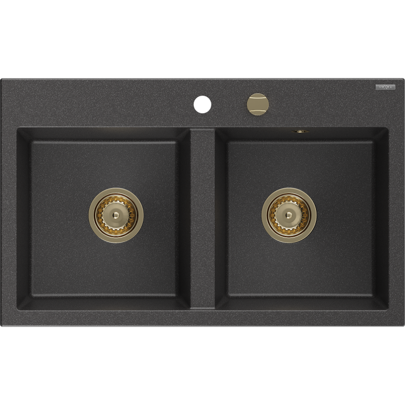 Mexen Hektor Granitspüle mit 2 Becken 800 x 480 mm, schwarz gesprenkelt, goldener Siphon - 6521802000-76-G
