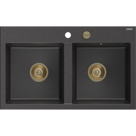Mexen Hektor Granitspüle mit 2 Becken 800 x 480 mm, schwarz gesprenkelt, goldener Siphon - 6521802000-76-G