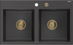 Mexen Hektor Granitspüle mit 2 Becken 800 x 480 mm, schwarz gesprenkelt, goldener Siphon - 6521802000-76-G