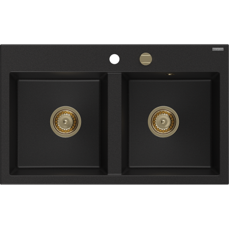 Mexen Hektor Granitspüle 2-Kammer 800 x 480 mm, schwarz, goldener Siphon - 6521802000-77-G