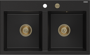 Mexen Hektor Granitspüle 2-Kammer 800 x 480 mm, schwarz, goldener Siphon - 6521802000-77-G
