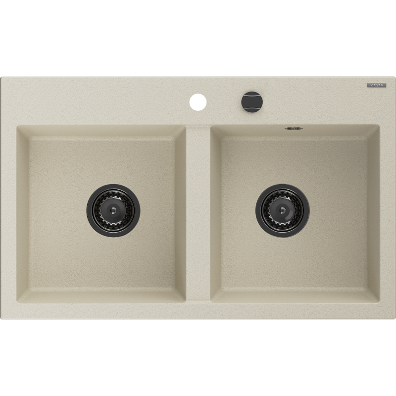 Mexen Hektor Granitspüle 2-Becken 800 x 480 mm, beige, schwarzer Siphon - 6521802000-69-B