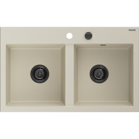Mexen Hektor Granitspüle 2-Becken 800 x 480 mm, beige, schwarzer Siphon - 6521802000-69-B