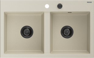 Mexen Hektor Granitspüle 2-Becken 800 x 480 mm, beige, schwarzer Siphon - 6521802000-69-B