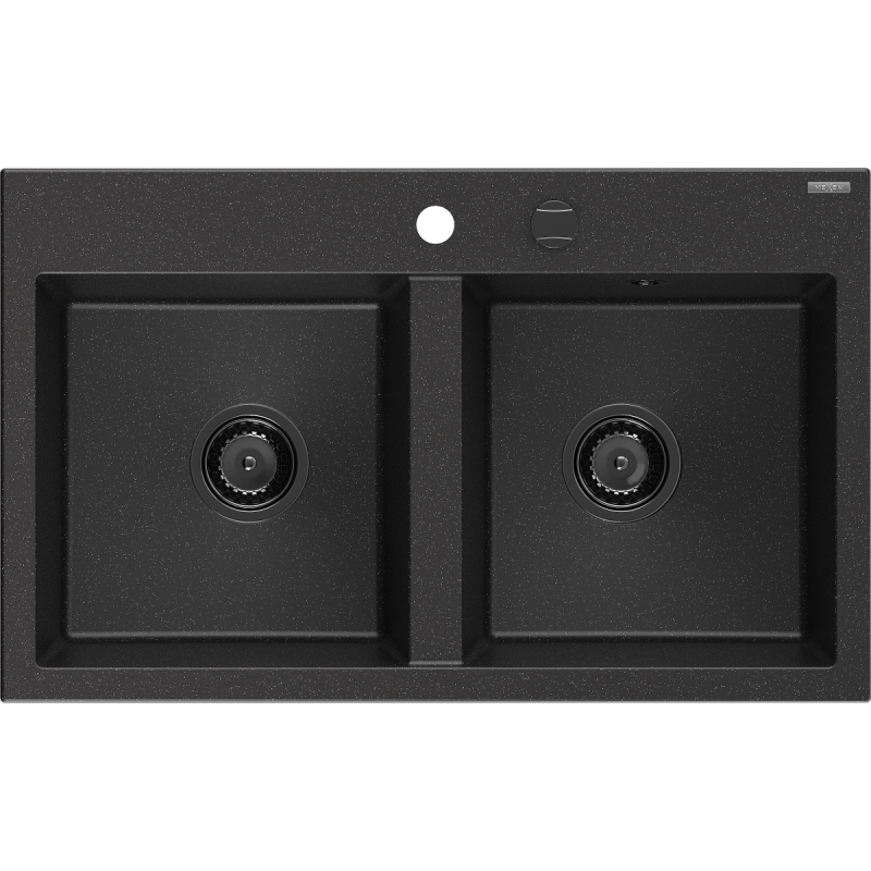 Mexen Hektor Granitspüle, 2-Kammer, 800 x 480 mm, schwarz/silber metallic, schwarzer Siphon - 6521802000-73-B