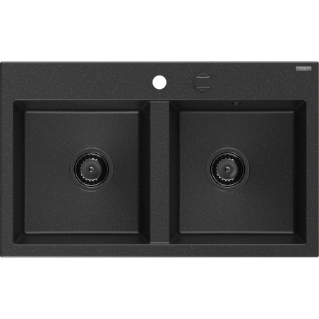 Mexen Hektor Granitspüle, 2-Kammer, 800 x 480 mm, schwarz/silber metallic, schwarzer Siphon - 6521802000-73-B