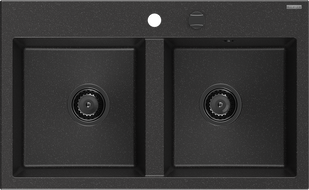 Mexen Hektor Granitspüle, 2-Kammer, 800 x 480 mm, schwarz/silber metallic, schwarzer Siphon - 6521802000-73-B