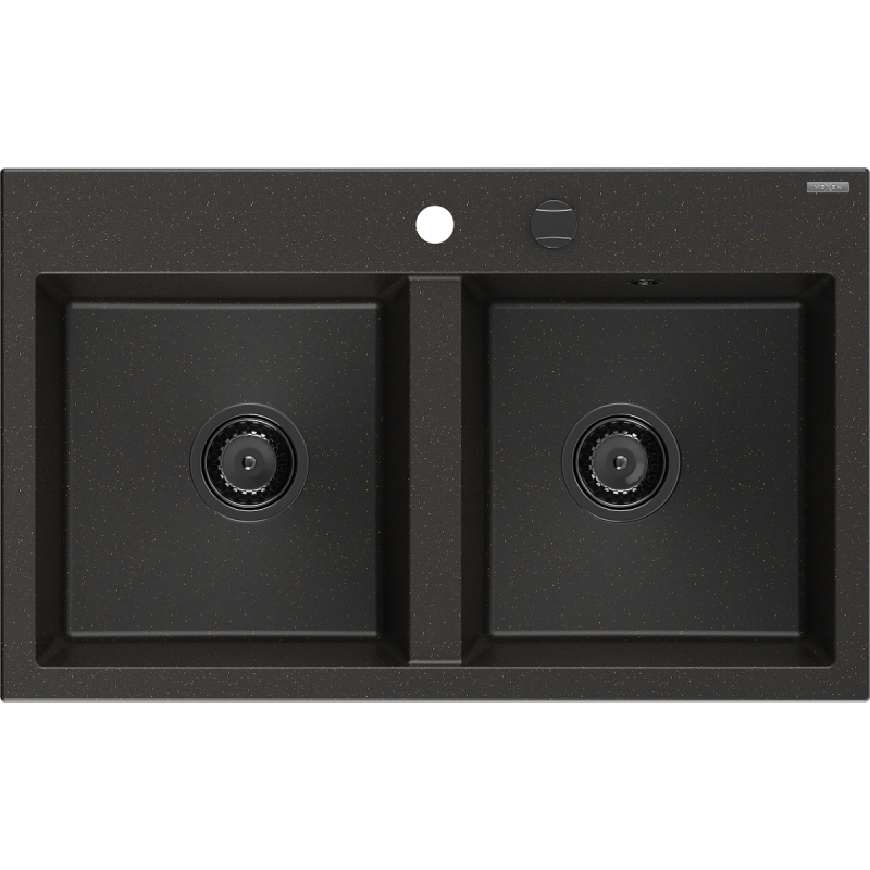 Mexen Hektor Granitspüle 2-Kammern 800 x 480 mm, Schwarz/Gold Metallic, Schwarzer Siphon - 6521802000-75-B
