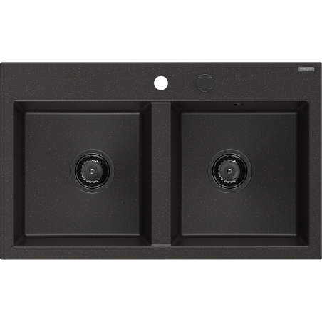 Mexen Hektor Granitspüle 2-Kammern 800 x 480 mm, Schwarz/Gold Metallic, Schwarzer Siphon - 6521802000-75-B