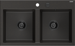Mexen Hektor Granitspüle 2-Kammern 800 x 480 mm, Schwarz/Gold Metallic, Schwarzer Siphon - 6521802000-75-B