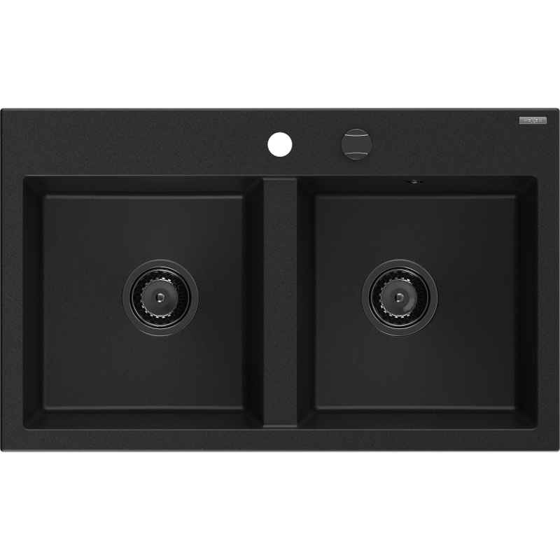 Mexen Hektor 2-Kammer Granitspüle 800 x 480 mm, schwarz, schwarzer Siphon - 6521802000-77-B